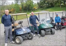  ??  ?? Colin Rochford, Eamonn O’Hare and Declan Broughal after just finsihing 18 holes at Macreddin Golf Club.