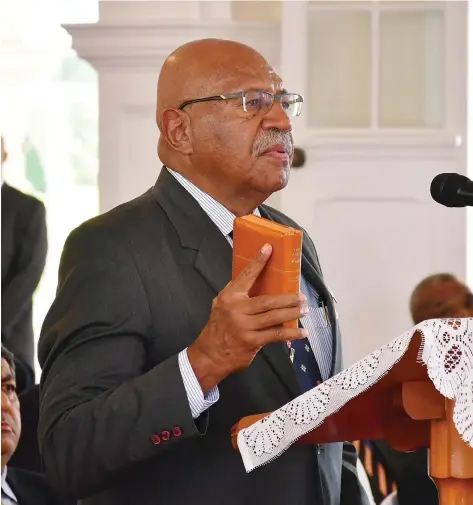  ?? ?? Prime Minister Sitiveni Rabuka during the swearing in at State House on December 24, 2022. Photo: