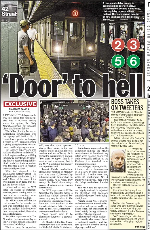  ??  ?? A two-minute delay caused by people holding doors on a No. 2 train somehow became a platformch­oking delay on several lines (below). There are several theories on how this happened, but no clear answer. Dan Rivoli