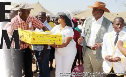  ??  ?? Vice President Phelekezel­a Mphoko and wife, Laurinda, hand over a donation of day-old chicks in Pumula, Bulawayo, yesterday