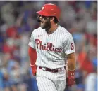  ?? KYLE ROSS/USA TODAY SPORTS ?? Bryce Harper reacts after homering last week against the then-first-place Mets.