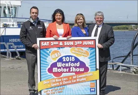  ??  ?? Launch of the 2018 Wexford Motor Show on Wexford Quay on Friday afternoon with Neil Merrigan (Trinity Peugeot), Margo Doyle (Honda Motors), Wendy O’Rourke (Ferrybank Motors) and Mark Boggan (Boggans Toyota).