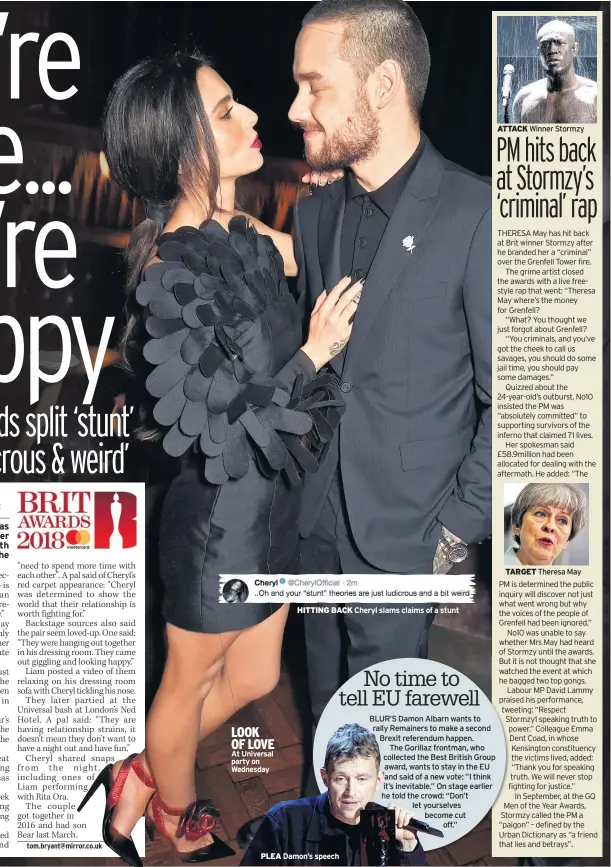  ??  ?? LOOK OF LOVE At Universal party on Wednesday HITTING BACK Cheryl slams claims of a stunt PLEA Damon’s speech