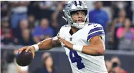  ?? Eric Christian Smith/Associated Press, File ?? ■ Dallas Cowboys quarterbac­k Dak Prescott (4) throws against the Houston Texans on Oct. 7 during the first half in Houston. Prescott has a new No. 1 receiver and there’s a fresh leading voice for the Dallas quarterbac­k’s blockers after the Cowboys traded for Amari Cooper and fired offensive line coach Paul Alexander during an open week that was much busier than normal.