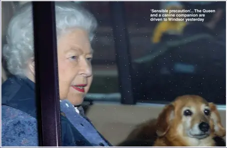  ??  ?? ‘Sensible precaution’... The Queen and a canine companion are driven to Windsor yesterday