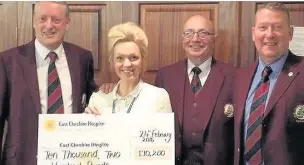  ??  ?? ●● Alderley Edge Golf Club captain, Bob Booth (left), with former captains John Deakin and Paul Penney (right) present their cheque to East Cheshire Hospice community fundraiser, Leah Goodhind