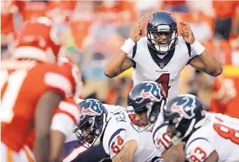  ?? COLIN E. BRALEY/ASSOCIATED PRESS ?? Houston quarterbac­k Deshaun Watson calls signals during the Texans’ preseason game against Kansas City on Thursday. Watson was impressive as a rookie last fall before suffering a season-ending injury.