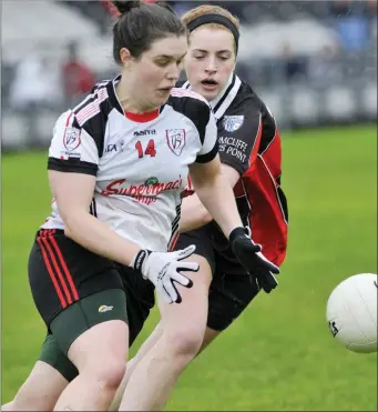  ??  ?? Sarah McMoreland of St Mary’s in action during the Intermedia­te final with Drumcliffe/Rosses Point.