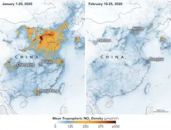  ??  ?? Las emisiones en China de dióxido de nitrógeno, antes y después del COVID-19. Foto: Josh Stevens - NASA Earth Observator­y.