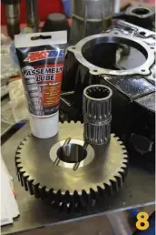  ??  ?? 8
We like to pre-lube bearings such as this idler gear caged roller bearing set. The engine assembly lube from Amsoil is great as it sticks in place and hold onto the parts until proper running lubricatio­n can wash it out.