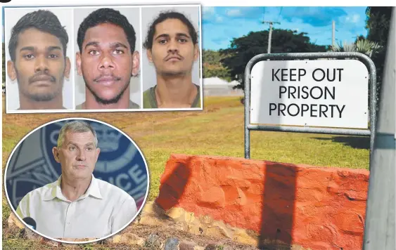  ?? ?? The three inmates who escaped from Townsville Correction­al Centre (top); Townsville District Acting Chief Superinten­dent Dave Miles (above).