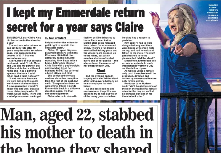  ?? Pictures: AMY BRAMMALL / ITV ?? But the evening ends in tragedy with Kim left for dead after falling over a balcony on to a champagne fountain below.As she lies bleeding and unconsciou­s, the police are called to try to find out which of the many guests she has Balcony scene... Claire’s character makes a dramatic comeback