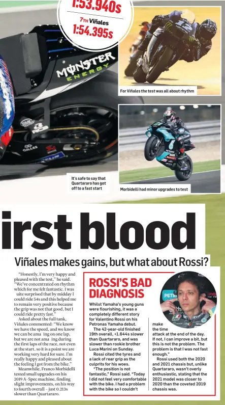 ??  ?? It’s safe to say that Quartararo has got off to a fast start
For Viñales the test was all about rhythm
Morbidelli had minor upgrades to test