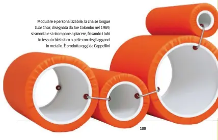  ??  ?? Modulare e personaliz­zabile, la chaise longue Tube Chair, disegnata da Joe Colombo nel 1969, si smonta e si ricompone a piacere, fissando i tubi in tessuto bielastico o pelle con degli agganci
in metallo. È prodotta oggi da Cappellini