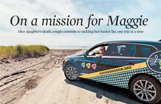  ?? MAGGIE’S MISSION PHOTOS ?? Driving their car covered in a “Maggie’s Mission” wrap, Steve Schmidt and Donna DeSousa-Schmidt arrive in Long Beach, Washington, and stop at the Pacific Ocean.