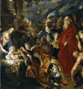  ??  ?? De aanbidding der wijzen, Rubens (1609, KMSKA). Op dit schilderij is de Moorse koning Balthasar, met tulband, te zien. Zijn trekken zijn zo levensecht dat wordt veronderst­eld dat een zwarte man model heeft gestaan.