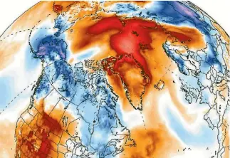  ?? IMAGE: CLIMATE REANALYZER ?? ‘‘It’s just wrong’’: This week’s unusual burst of heat over the Arctic.
