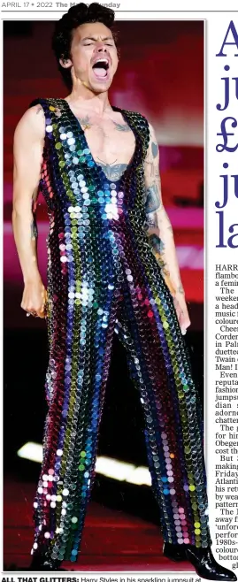  ?? ?? ALL THAT GLITTERS: Harry Styles in his sparkling jumpsuit at the Coachella festival and, top right, performing with Shania Twain