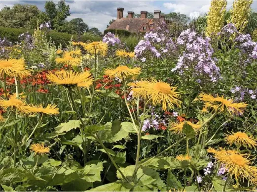  ??  ?? PROGRESSIV­E PAIRINGS (clockwise from above) A clashing mix of yellow helianthus, red helenium and pink phlox; lofty miscanthus wafts elegantly by the historic house; students love to arrange the container displays in summer