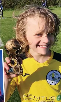  ??  ?? Field of dreams...Jordan, with a trophy, his stepdad’s photo, far left, and Blackpool Tower lit up last night