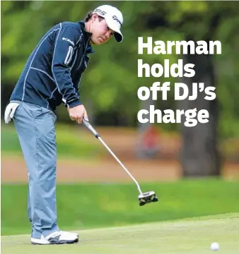  ?? PHOTO BY MATT BORN/THE STAR-NEWS VIA AP ?? Brian Harman putts on the ninth hole during the Wells Fargo Championsh­ip at Eagle Point Golf Club in Wilmington, N.C. The former Georgia golfer won by a stroke Sunday.