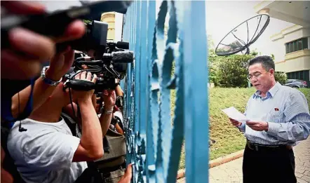  ??  ?? Tense meet: Yu-song addressing the media at the North Korean Embassy in Kuala Lumpur.