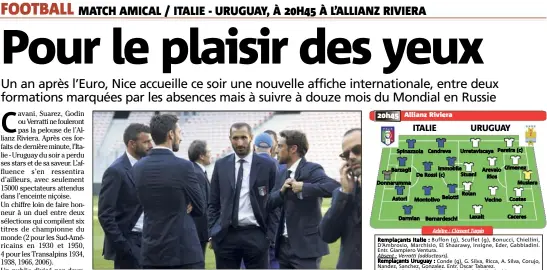  ??  ?? Les Italiens (Barzagli, Chiellini et Marchisio) ont pris hier soir le pouls de l’Allianz Riviera.