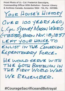  ?? SPECIAL TO THE EXAMINER ?? Author Richard Pyves sent postcards to addresses that were once the home of Canadian First World War soldiers. One of those cards was sent to Peterborou­gh.