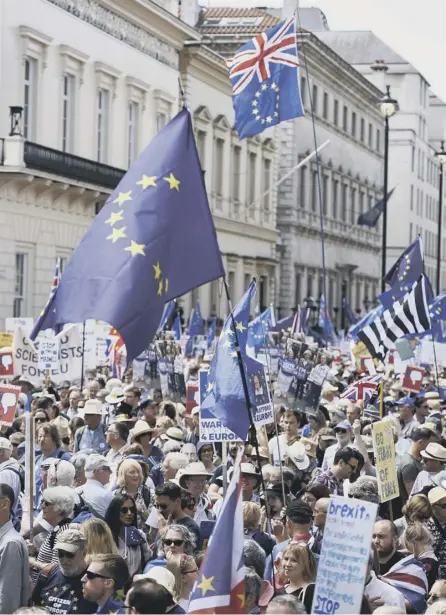  ??  ?? 2 Protesters calling for a rerun of the Brexit referendum march in central London on the second anniversar­y of the vote