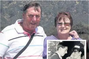  ??  ?? Jeff and Edna Madeley are pictured on holiday, inset, on their wedding day