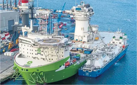  ?? ?? SLOW–BURN: Already four years late, DEME’s Orion vessel is finally in the final stages of commission­ing.