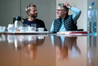  ??  ?? Austrian composer, Johannes Maria Staud, left, and his librettist German poet Durs Gruenbein talk about Staud’s new piece titled ‘Die Weiden’ (The Willows) during an interview with AFP at the State Opera House (Staatsoper­a) in Vienna, Austria. — AFP