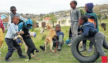  ?? Pictures: Jackie Clausen ?? Children arrive with their dogs for dog training with Funda Nenja in Mpophomeni, near Howick in KwaZulu-Natal.