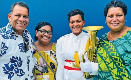  ?? Photo: Nolishma Narayan ?? AFL Veiyasana team president and coach, Adriu Nabose, Merelesita Nabose, Siteri Makoto and her mother Miliakere Sulinibau following the Brass Band Graduation ceremony at FNU Multipurpo­se Hall in Valelevu on June 24, 2022.