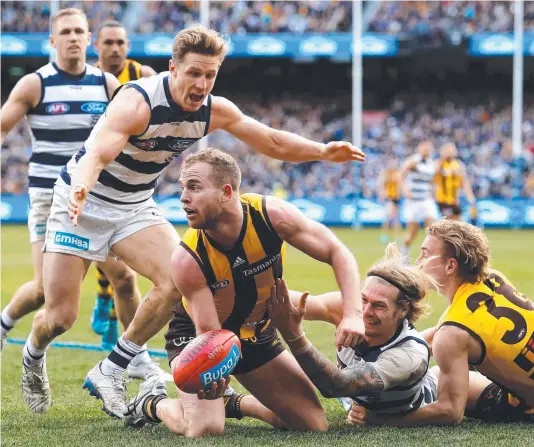  ?? Pictures: GETTY IMAGES ?? CLASH: Hawthorn ball magnet Tom Mitchell dishes out a handpass under pressure from Scott Selwood and Tom Stewart. INSET: Jake Kolodjashn­ij has a pigeon for company as he steams out of defence. FORMER Geelong Falcons skipper James Worpel must be close to earning a nomination for the NAB Rising Star award. The young Hawk had 23 disposals, five marks, eight tackles, four clearances and four inside-50s on Saturday, just a week after kicking the sealer for his team in the thriller against Essendon. There was one moment in the third term when Worpel scooped the ball off the ground in a one-on-one contest with Joel Selwood, fed off to a teammate who passed to Jack Gunston, who finished with a goal. It was a telling passage of play that the 19-year-old will keep in the memory bank as a reminder of why he belongs at this level.