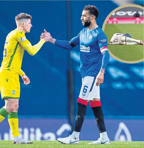  ??  ?? There were no hard feelings between Kevin Nisbet and Connor Goldson following their clash last Sunday, but there wasn’t much sympathy around for Son Heungmin at Old Trafford (inset)