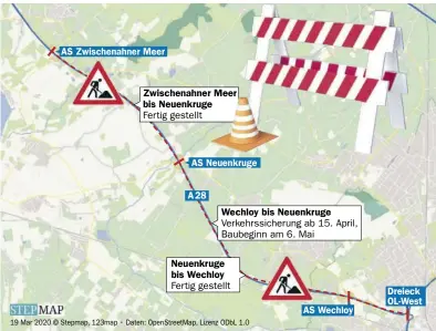  ?? GRAFIK: RICARDA PINZKE ?? Mitte April geht es wieder los: Die nächste Baustelle auf der A 28 zwischen Wechloy und Neuenkruge steht an