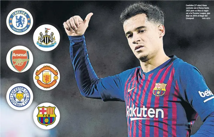  ?? FOTO: GETTY ?? Coutinho (27 años) tiene contrato con el Barça hasta 2023 pero su idea es regresar a la Premier League, que dejó en 2018 al llegar del Liverpool