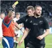  ??  ?? Referee Nigel Owens shows he’s not afraid to send All Blacks players to the sin bin.