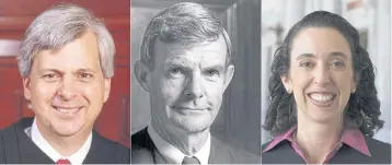  ?? AFP ?? Judge Richard Clifton, Judge William Canby and judge Michelle Friedland from the Ninth Circuit Court of Appeals in San Francisco. The Three federal judges heard arguments on Tuesday in the challenge to Donald Trump’s travel ban.