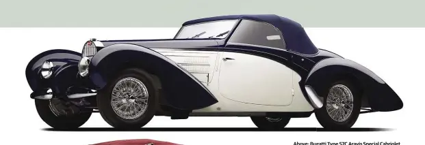  ?? ?? Above: Bugatti Type 57C Aravis Special Cabriolet carries a $2.5-3.5m estimate. Left: Delage D8-120 with star provenance is expected to achieve $800k-1m
