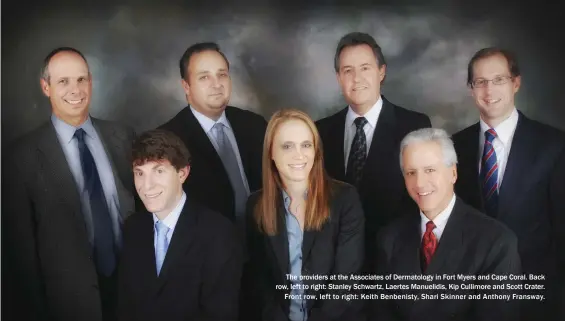  ??  ?? The providers at the Associates of Dermatolog­y in Fort Myers and Cape Coral. Back row, left to right: Stanley Schwartz, Laertes Manuelidis, Kip Cullimore and Scott Crater.
Front row, left to right: Keith Benbenisty, Shari Skinner and Anthony Fransway.