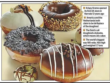  ??  ?? Krispy Kreme opened its first UK store in Harrods 13 years ago America and the Netherland­s both claim to be birthplace of the doughnut
The Dutch call doughnuts olykoeks, which means oily cakes
The world’s biggest was 16ft wide, 16in high and weighed...