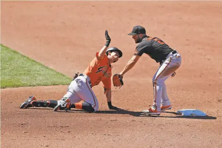  ?? Santiago Mejia / The Chronicle ?? Giants utilityman Mauricio Dubón bats at infielder Yolmer Sanchez during Saturday’s intrasquad game at Oracle Park.