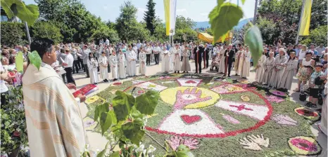  ?? FOTO: THOMAS SIEDLER ?? Motto des farbenfroh­en Blütentepp­ichs war in diesem Jahr der 145. Psalm. Links im Bild Pater Mathew Shiju.