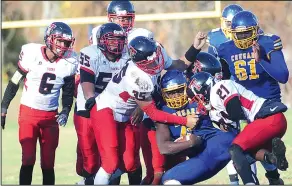  ?? Photos by Ernest A. Brown ?? LEFT, Tolman defenders Aaron Carrion (35) and Jose Baez (21) take down North Providence running back Chris Harvey (7) during second-quarter action at North Providence Saturday. RIGHT, Tolman senior wide receiver Daniel Akinsheye (1) hauls in the pass for the two-point conversion in front of North Providence’s Haiman Mohammed (11) as the playoff-bound Tigers rolled to a 30-0 win over the Cougars.