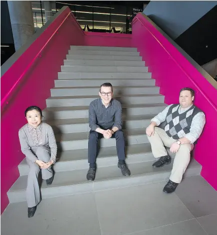  ?? PETER J. THOMPSON / NATIONAL POST ?? Dan Yang, left, Noel Webb and David Vradenburg are among the participan­ts in NextAI’s program for entreprene­urs. Each team receives $50,000 in seed funding as well as technical and business training.