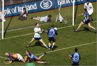  ??  ?? A grounded Redmond Barry watches his rebound shot crossing the line after his penalty was saved.