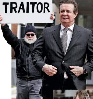  ??  ?? SUSPECT BEHAVIOR From top: A protester welcomes Manafort as he arrives for his arraignmen­t in Alexandria, Virginia, on March 8; Duncan, a juror.