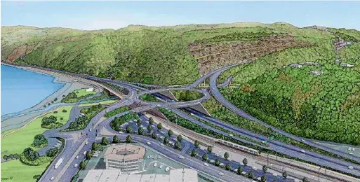  ??  ?? An artist’s impression of the proposed Petone to Grenada highway between northern Wellington and Lower Hutt, showing the Petone interchang­e and a large cut into the local hillside. Wellington City Council now fears the Government may ditch the roading project.